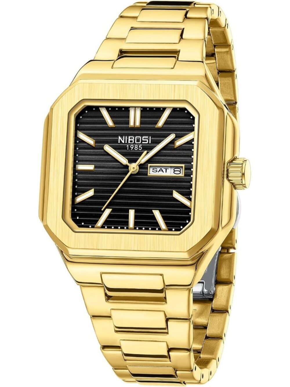 Nibosi Men's Gold Black Analog Quartz Stainless Steel Waterproof Square Watch